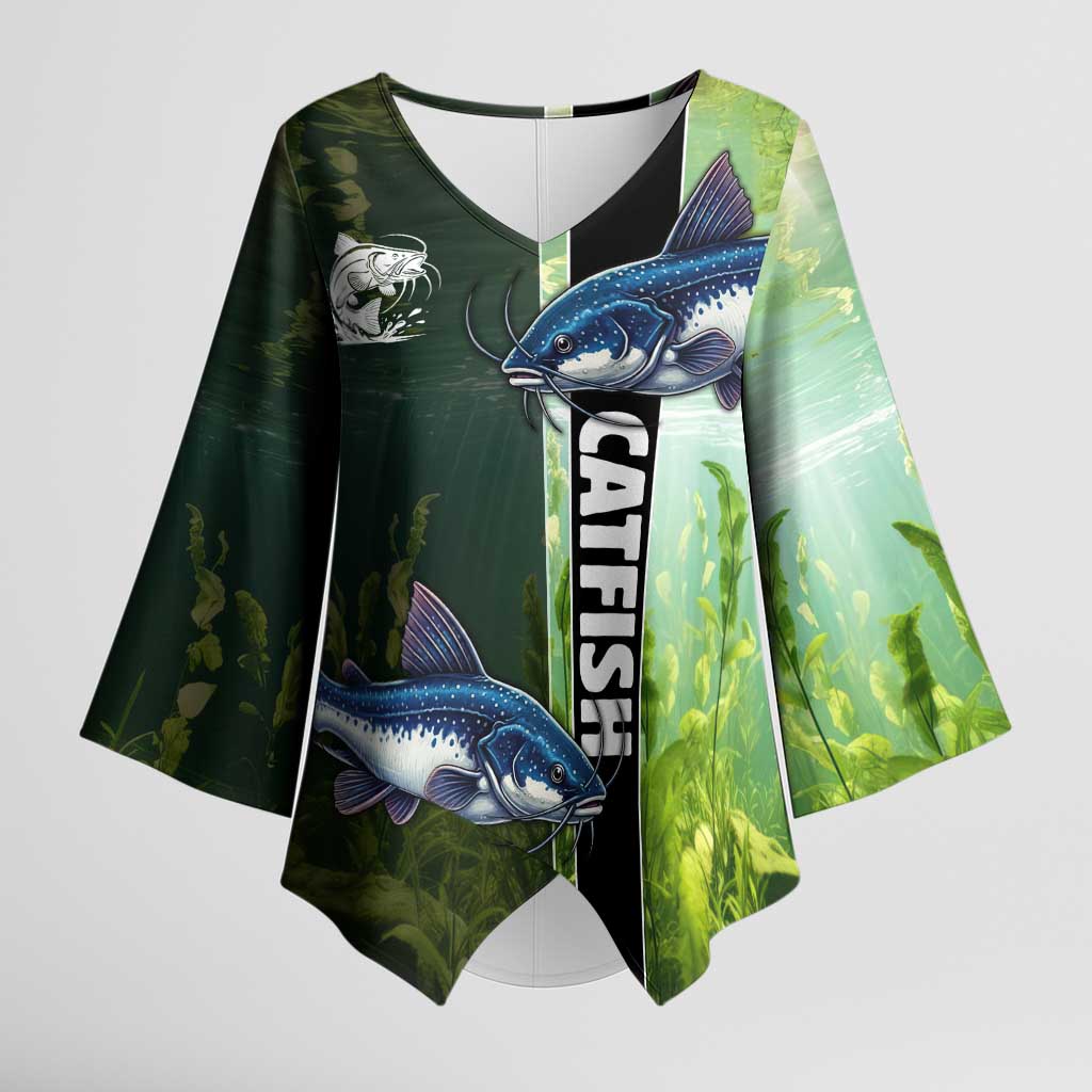 Custom Catfish Fishing Kimono Sleeve Blouse with Underwater River Scene and Green Aquatic Pattern - Wonder Print Shop