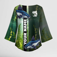 Custom Catfish Fishing Kimono Sleeve Blouse with Underwater River Scene and Green Aquatic Pattern - Wonder Print Shop