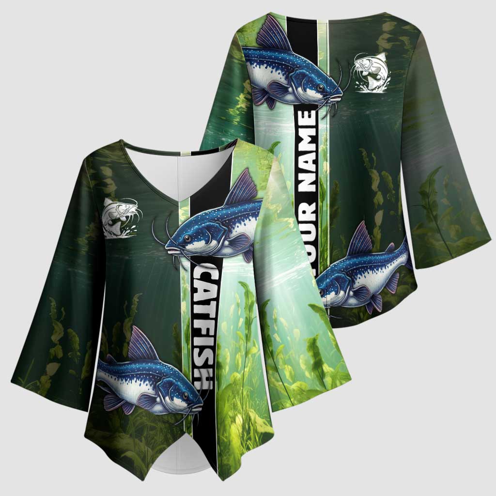 Custom Catfish Fishing Kimono Sleeve Blouse with Underwater River Scene and Green Aquatic Pattern - Wonder Print Shop