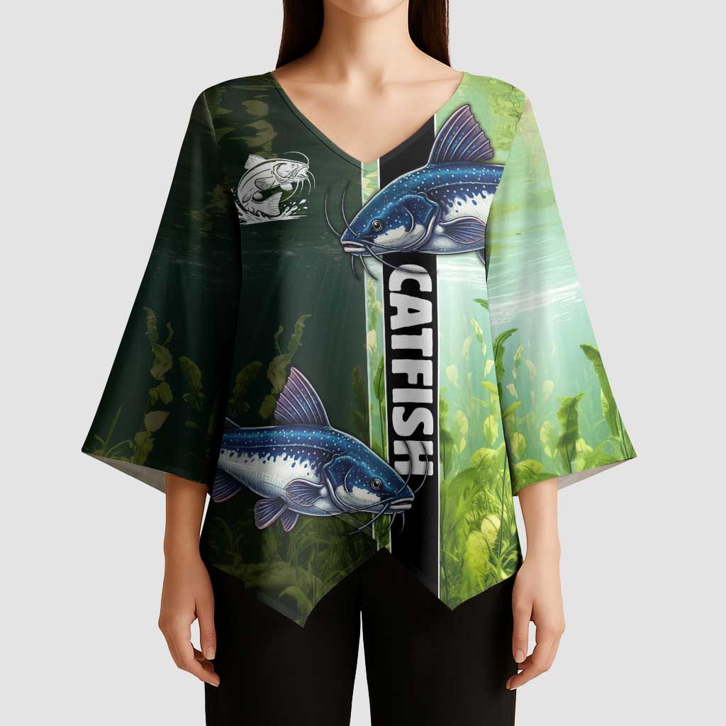 Custom Catfish Fishing Kimono Sleeve Blouse with Underwater River Scene and Green Aquatic Pattern - Wonder Print Shop