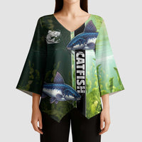 Custom Catfish Fishing Kimono Sleeve Blouse with Underwater River Scene and Green Aquatic Pattern - Wonder Print Shop