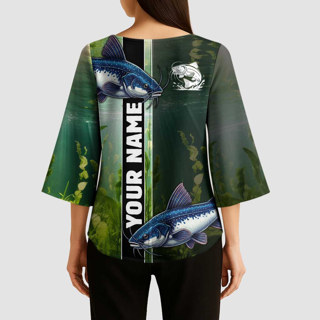 Custom Catfish Fishing Kimono Sleeve Blouse with Underwater River Scene and Green Aquatic Pattern - Wonder Print Shop