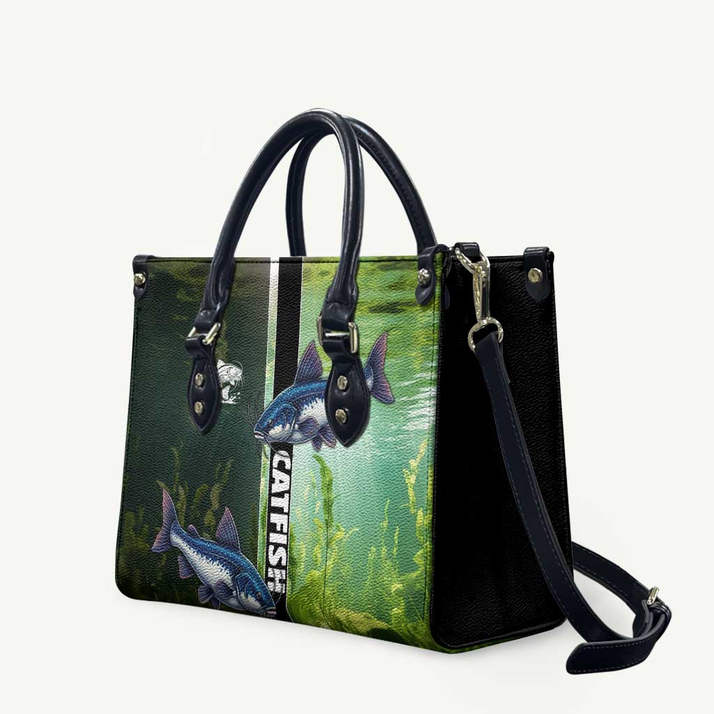 Catfish Fishing Leather Bag with Underwater River Scene and Green Aquatic Pattern - Wonder Print Shop