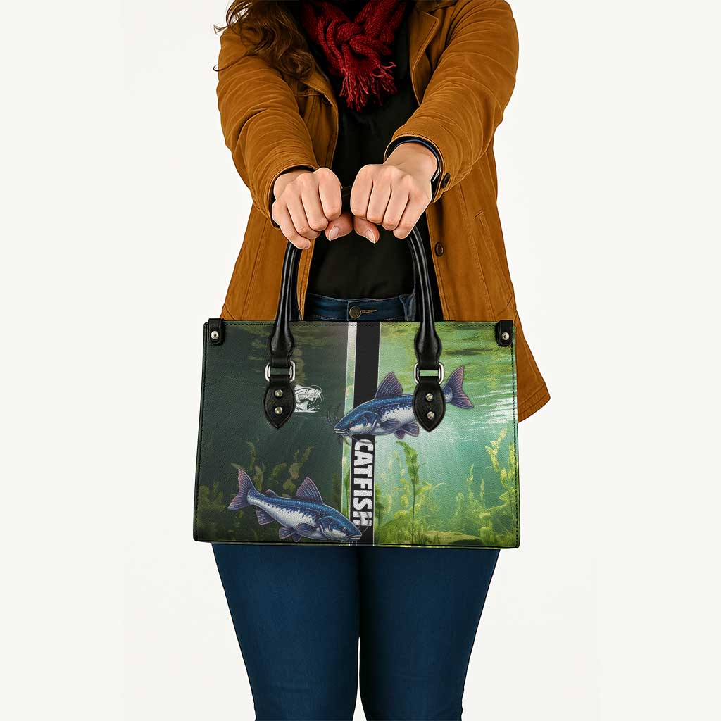Catfish Fishing Leather Bag with Underwater River Scene and Green Aquatic Pattern - Wonder Print Shop