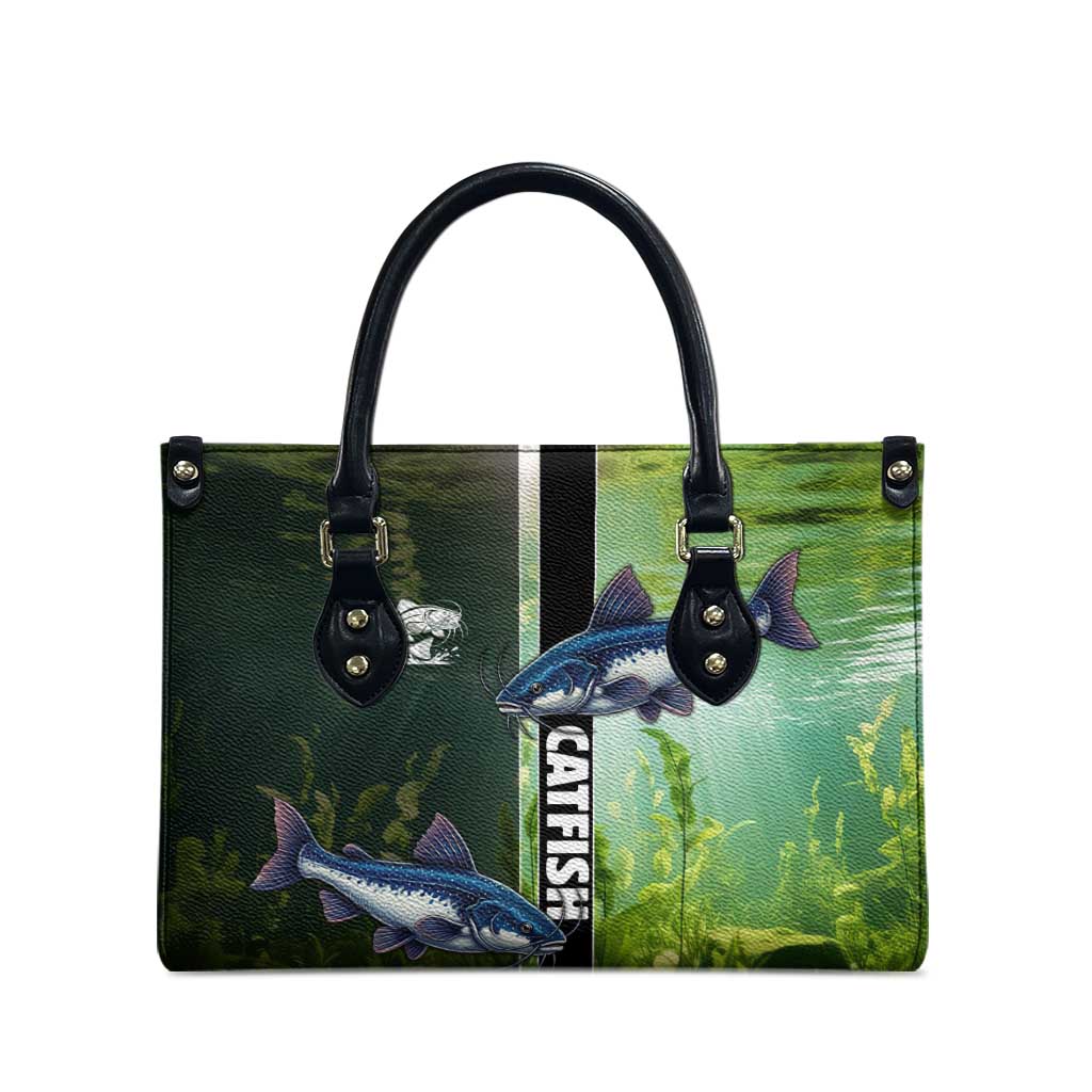 Catfish Fishing Leather Bag with Underwater River Scene and Green Aquatic Pattern - Wonder Print Shop