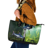 Catfish Fishing Leather Tote Bag with Underwater River Scene and Green Aquatic Pattern - Wonder Print Shop