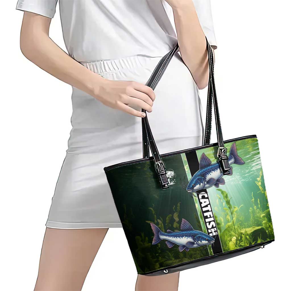 Catfish Fishing Leather Tote Bag with Underwater River Scene and Green Aquatic Pattern - Wonder Print Shop
