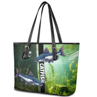 Catfish Fishing Leather Tote Bag with Underwater River Scene and Green Aquatic Pattern - Wonder Print Shop