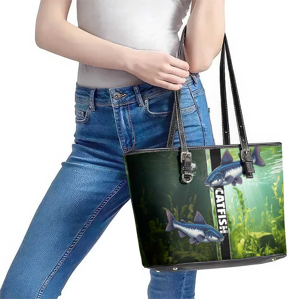Catfish Fishing Leather Tote Bag with Underwater River Scene and Green Aquatic Pattern - Wonder Print Shop