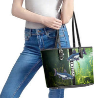 Catfish Fishing Leather Tote Bag with Underwater River Scene and Green Aquatic Pattern - Wonder Print Shop