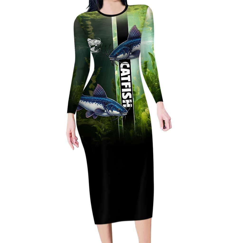 Custom Catfish Fishing Long Sleeve Bodycon Dress with Underwater River Scene and Green Aquatic Pattern - Wonder Print Shop