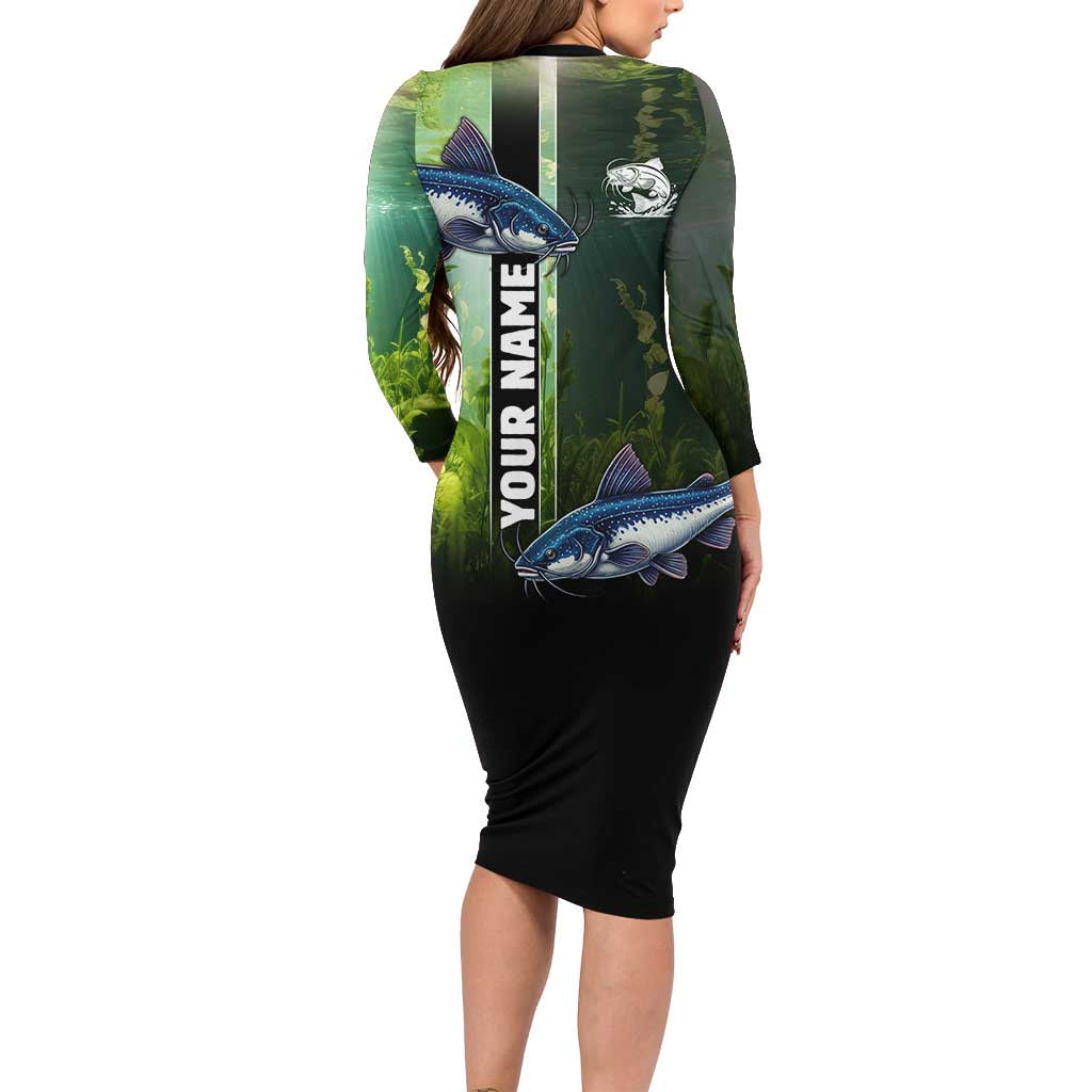 Custom Catfish Fishing Long Sleeve Bodycon Dress with Underwater River Scene and Green Aquatic Pattern - Wonder Print Shop