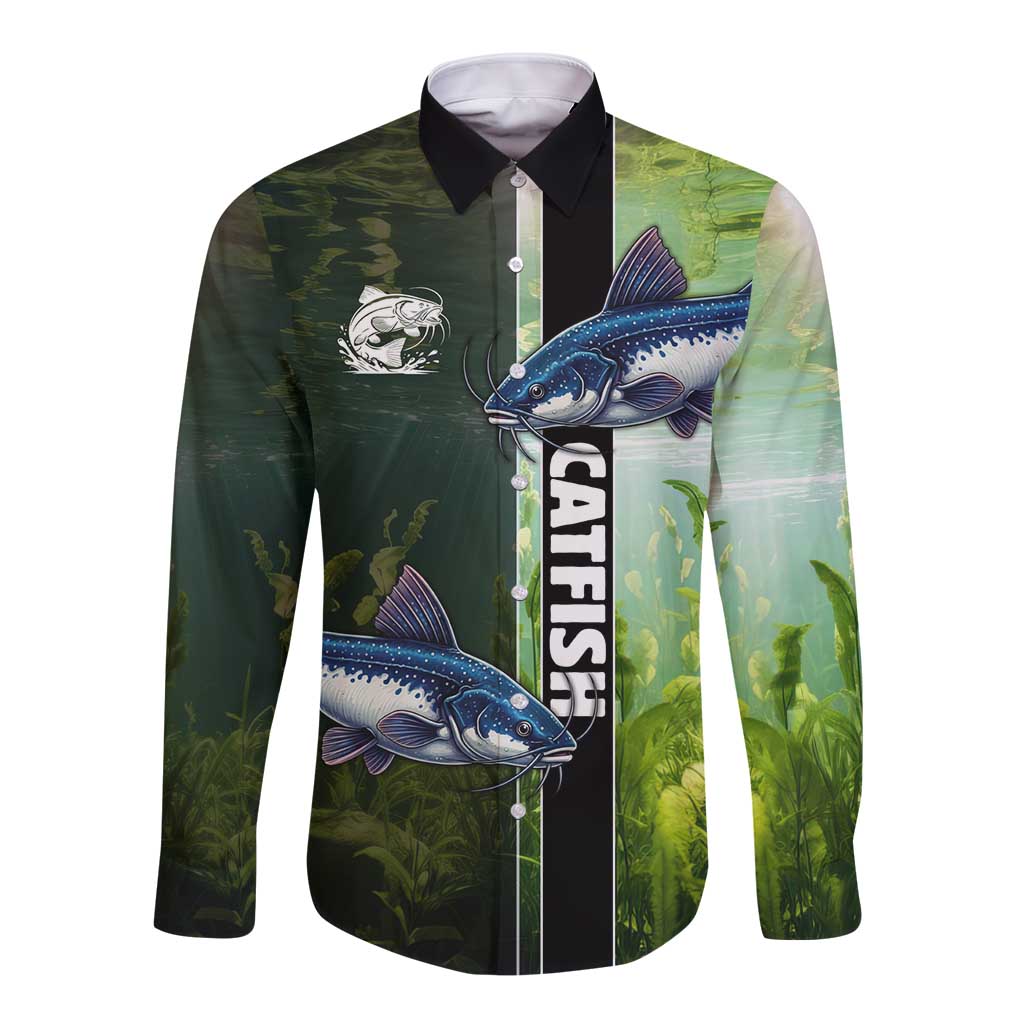 Custom Catfish Fishing Long Sleeve Button Shirt with Underwater River Scene and Green Aquatic Pattern - Wonder Print Shop