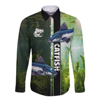Custom Catfish Fishing Long Sleeve Button Shirt with Underwater River Scene and Green Aquatic Pattern - Wonder Print Shop