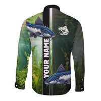 Custom Catfish Fishing Long Sleeve Button Shirt with Underwater River Scene and Green Aquatic Pattern - Wonder Print Shop