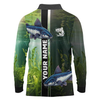 Custom Catfish Fishing Long Sleeve Polo Shirt with Underwater River Scene and Green Aquatic Pattern - Wonder Print Shop
