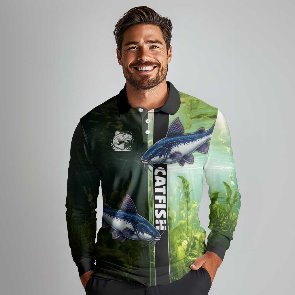 Custom Catfish Fishing Long Sleeve Polo Shirt with Underwater River Scene and Green Aquatic Pattern - Wonder Print Shop