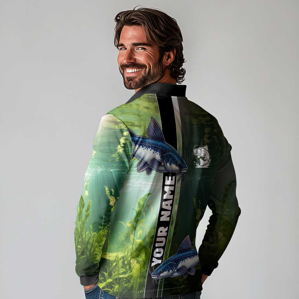 Custom Catfish Fishing Long Sleeve Polo Shirt with Underwater River Scene and Green Aquatic Pattern - Wonder Print Shop