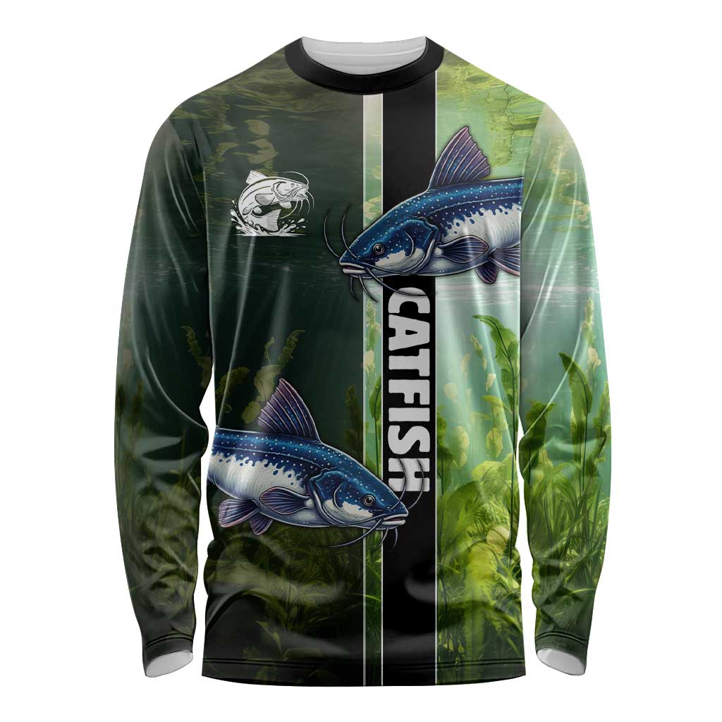 Custom Catfish Fishing Long Sleeve Shirt with Underwater River Scene and Green Aquatic Pattern - Wonder Print Shop