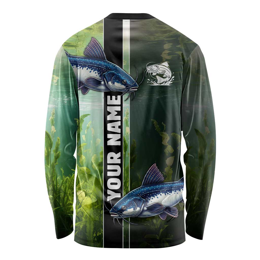 Custom Catfish Fishing Long Sleeve Shirt with Underwater River Scene and Green Aquatic Pattern - Wonder Print Shop