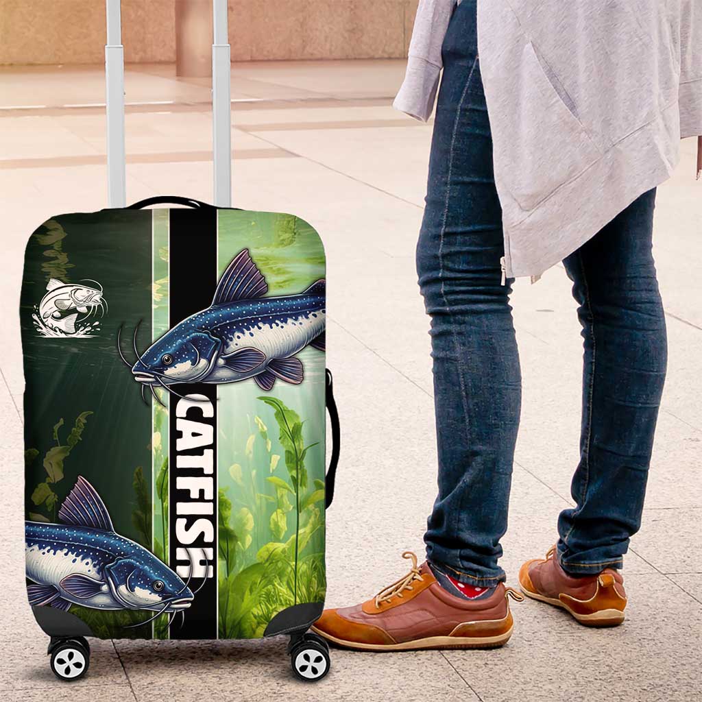Catfish Fishing Luggage Cover with Underwater River Scene and Green Aquatic Pattern - Wonder Print Shop
