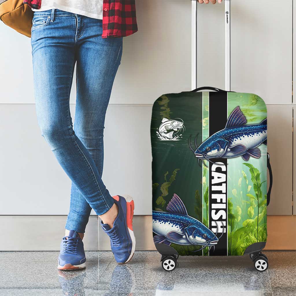 Catfish Fishing Luggage Cover with Underwater River Scene and Green Aquatic Pattern - Wonder Print Shop