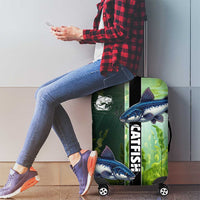 Catfish Fishing Luggage Cover with Underwater River Scene and Green Aquatic Pattern - Wonder Print Shop