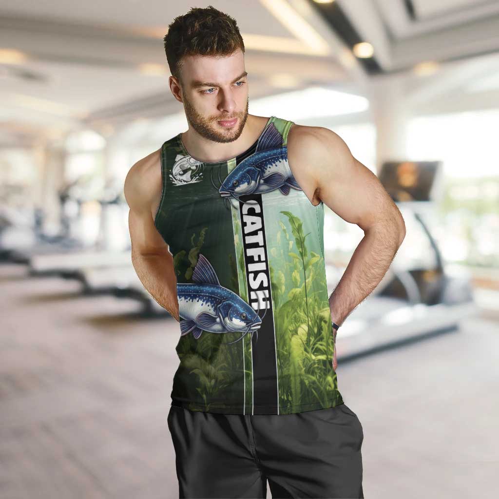 Custom Catfish Fishing Men Tank Top with Underwater River Scene and Green Aquatic Pattern - Wonder Print Shop