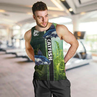 Custom Catfish Fishing Men Tank Top with Underwater River Scene and Green Aquatic Pattern - Wonder Print Shop