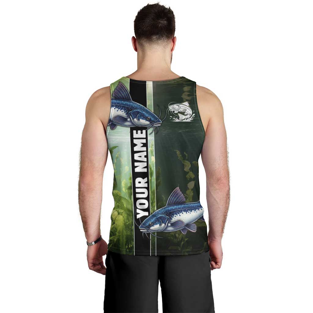 Custom Catfish Fishing Men Tank Top with Underwater River Scene and Green Aquatic Pattern - Wonder Print Shop