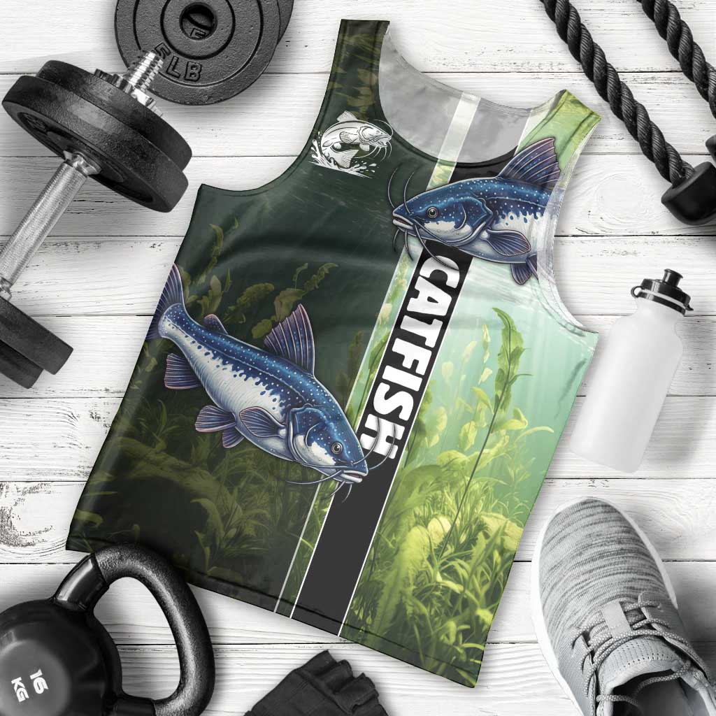 Custom Catfish Fishing Men Tank Top with Underwater River Scene and Green Aquatic Pattern - Wonder Print Shop