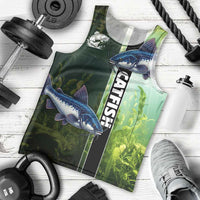 Custom Catfish Fishing Men Tank Top with Underwater River Scene and Green Aquatic Pattern - Wonder Print Shop