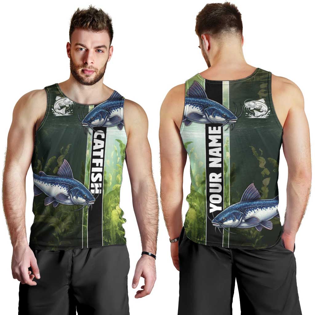 Custom Catfish Fishing Men Tank Top with Underwater River Scene and Green Aquatic Pattern - Wonder Print Shop