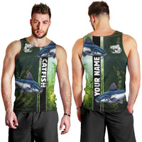 Custom Catfish Fishing Men Tank Top with Underwater River Scene and Green Aquatic Pattern - Wonder Print Shop