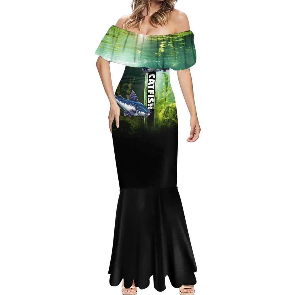 Custom Catfish Fishing Mermaid Dress with Underwater River Scene and Green Aquatic Pattern - Wonder Print Shop