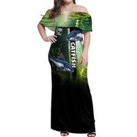 Custom Catfish Fishing Off Shoulder Maxi Dress with Underwater River Scene and Green Aquatic Pattern - Wonder Print Shop