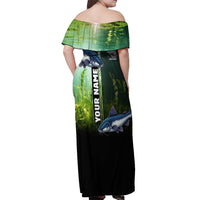 Custom Catfish Fishing Off Shoulder Maxi Dress with Underwater River Scene and Green Aquatic Pattern - Wonder Print Shop