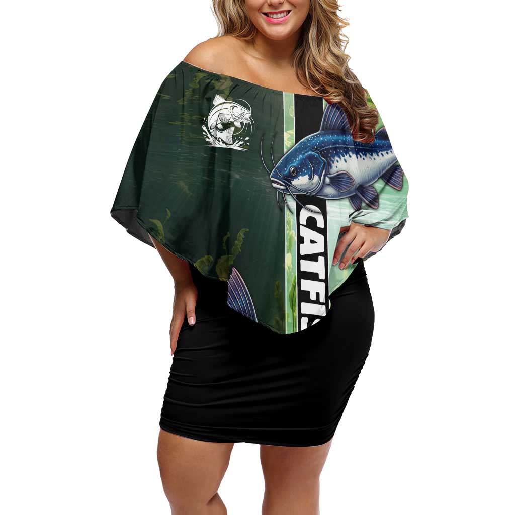 Custom Catfish Fishing Off Shoulder Short Dress with Underwater River Scene and Green Aquatic Pattern - Wonder Print Shop