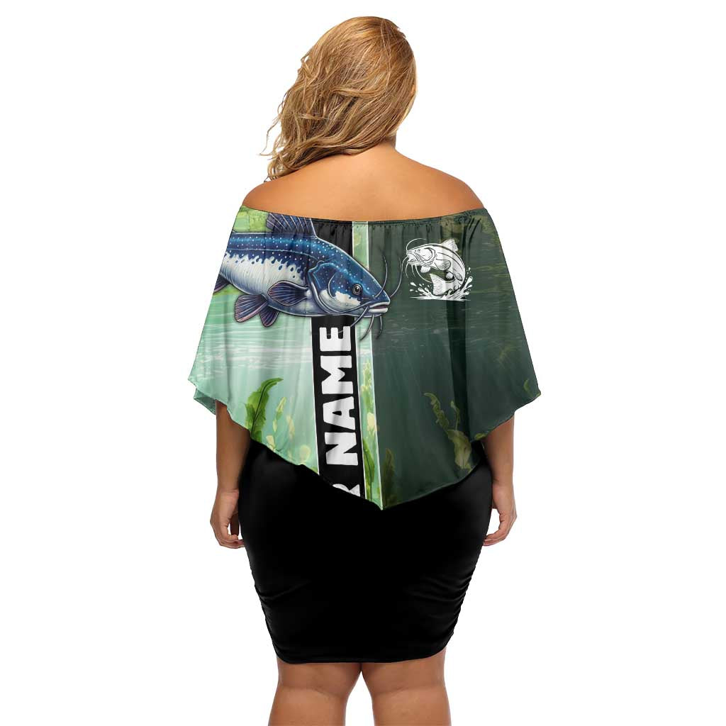 Custom Catfish Fishing Off Shoulder Short Dress with Underwater River Scene and Green Aquatic Pattern - Wonder Print Shop