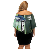 Custom Catfish Fishing Off Shoulder Short Dress with Underwater River Scene and Green Aquatic Pattern - Wonder Print Shop