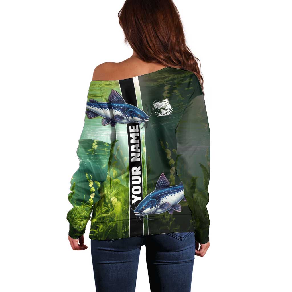 Custom Catfish Fishing Off Shoulder Sweater with Underwater River Scene and Green Aquatic Pattern - Wonder Print Shop