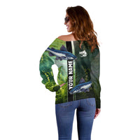 Custom Catfish Fishing Off Shoulder Sweater with Underwater River Scene and Green Aquatic Pattern - Wonder Print Shop