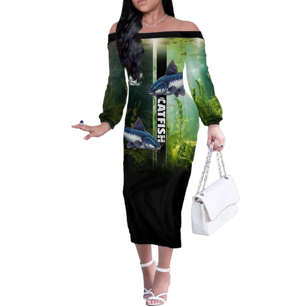 Custom Catfish Fishing Off The Shoulder Long Sleeve Dress with Underwater River Scene and Green Aquatic Pattern - Wonder Print Shop