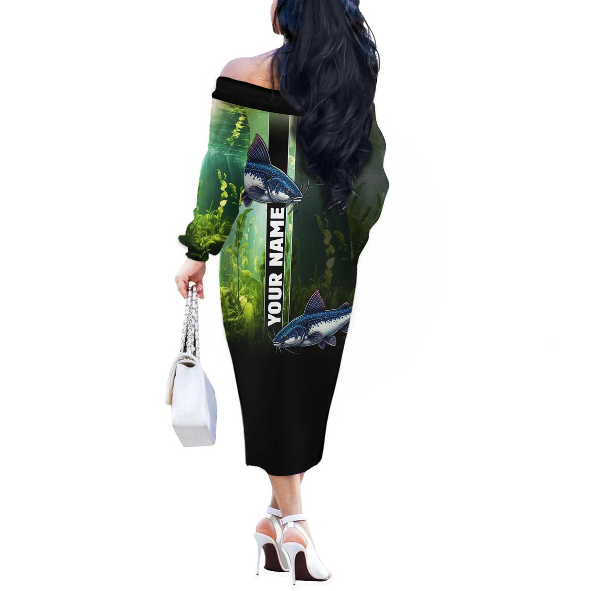 Custom Catfish Fishing Off The Shoulder Long Sleeve Dress with Underwater River Scene and Green Aquatic Pattern - Wonder Print Shop