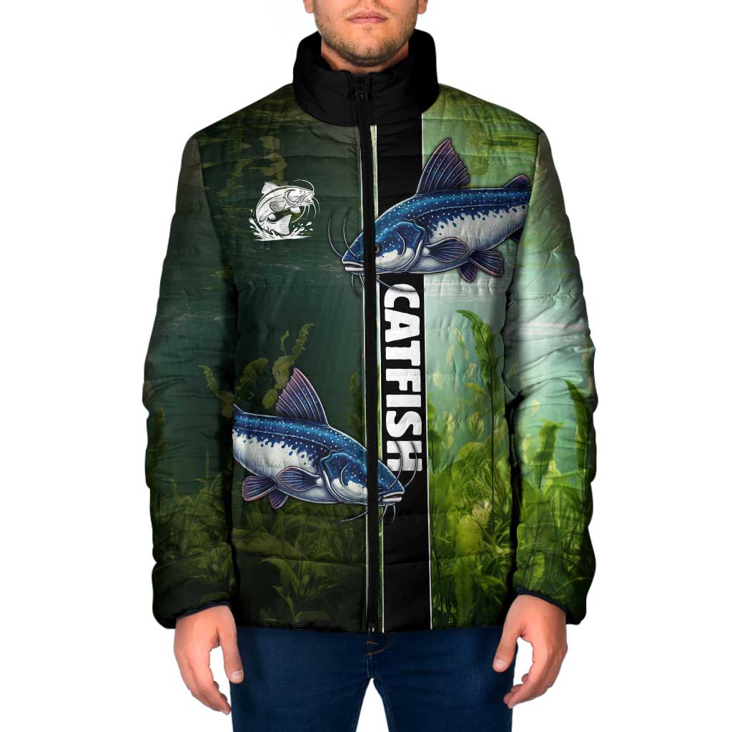 Custom Catfish Fishing Padded Jacket with Underwater River Scene and Green Aquatic Pattern - Wonder Print Shop