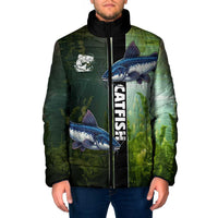 Custom Catfish Fishing Padded Jacket with Underwater River Scene and Green Aquatic Pattern - Wonder Print Shop