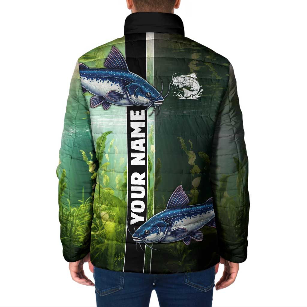 Custom Catfish Fishing Padded Jacket with Underwater River Scene and Green Aquatic Pattern - Wonder Print Shop