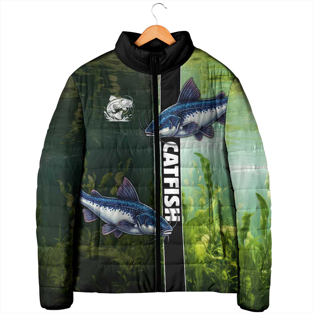 Custom Catfish Fishing Padded Jacket with Underwater River Scene and Green Aquatic Pattern - Wonder Print Shop
