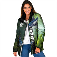 Custom Catfish Fishing Padded Jacket with Underwater River Scene and Green Aquatic Pattern - Wonder Print Shop
