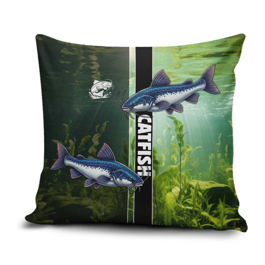 Catfish Fishing Pillow Cover with Underwater River Scene and Green Aquatic Pattern - Wonder Print Shop